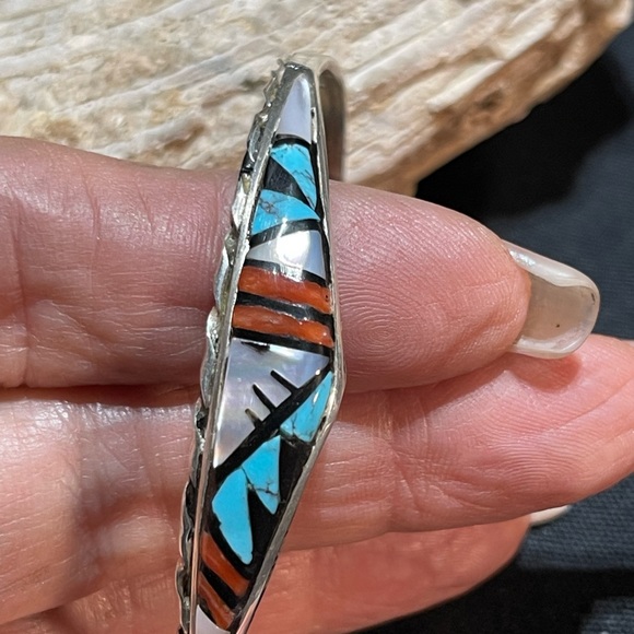 SOLD Zuni Inlay Earrings Cuff Set - Picture 4 of 9